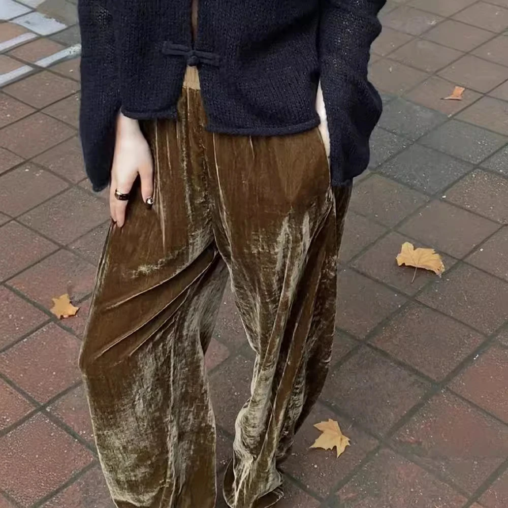 2025新款春季小个子裤子休闲百搭直筒高级感垂感咖色丝绒阔腿裤女