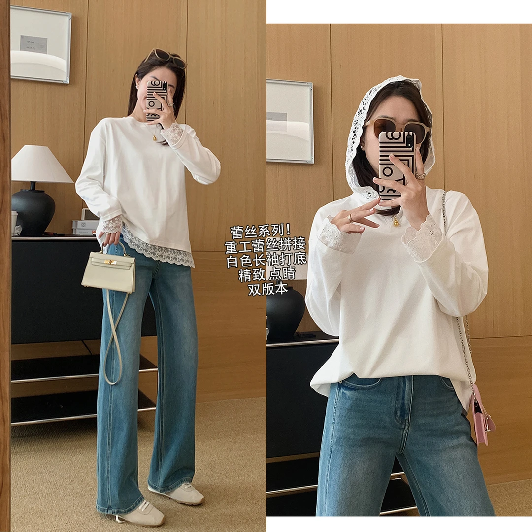大叮自制【蕾丝T系列】重工蕾丝拼接连帽衫白色长袖打底衫！S5801