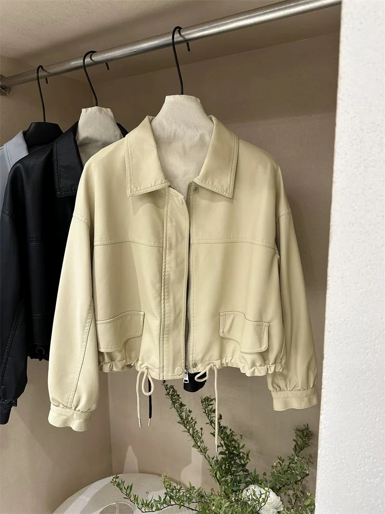 韩版抽绳短款皮衣外套女2025春季新款宽松显瘦休闲工装皮夹克上衣