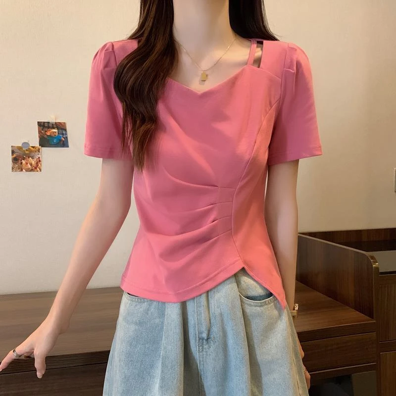 大码女装胖mm夏季新款2025法式时尚V领设计感不规则上衣短袖T恤女