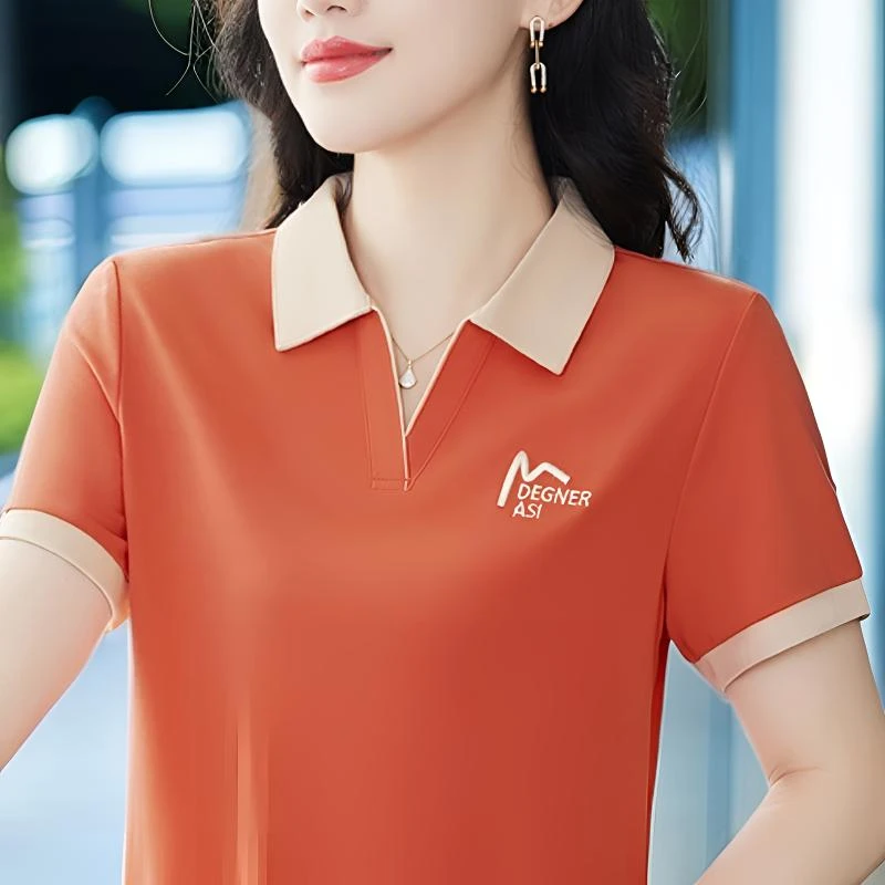 珊瑚红短袖t恤女夏季2025新款宽松上衣妈妈减龄运动polo衫中老年