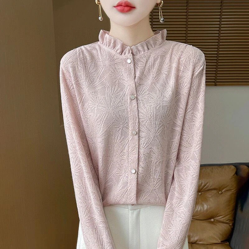 2025新款木耳长袖上衣法式衬衫花边单穿打底百搭洋气小衫女