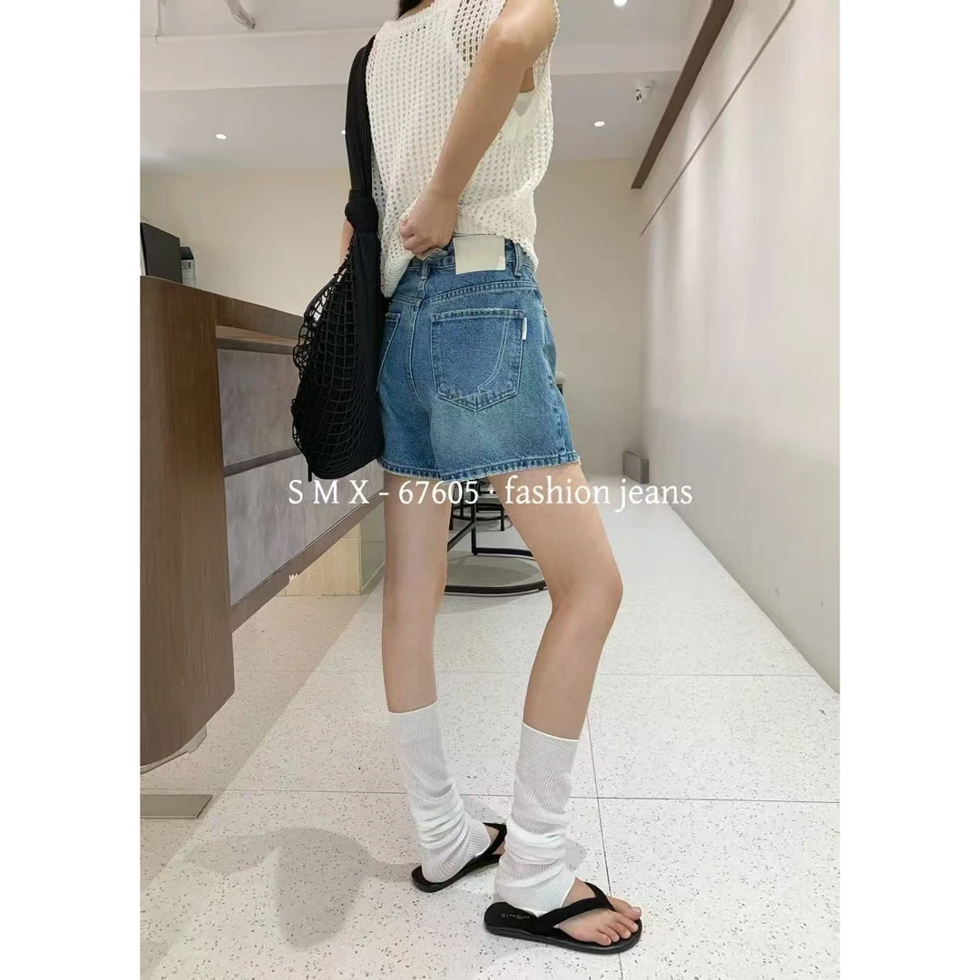 【N+定制】XY牛仔短裤女2025夏新款蓝色中高腰直筒阔腿裤67605