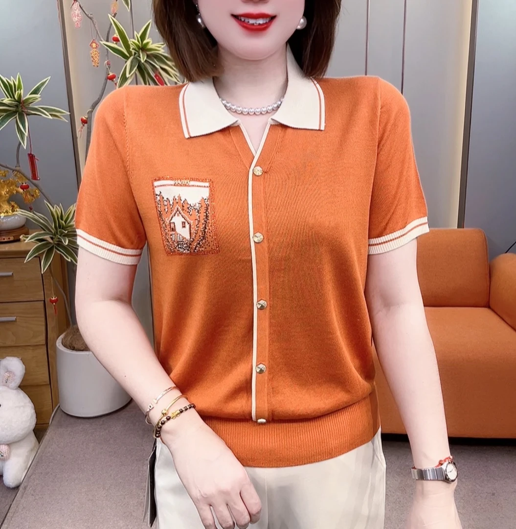 高档简约气质翻领假开衫天丝短袖53089