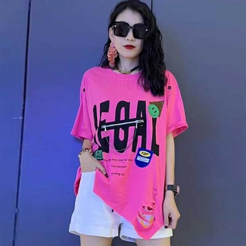 欧货潮牌2025夏新款时尚宽松字母印花不规则T恤休闲百搭短袖上衣