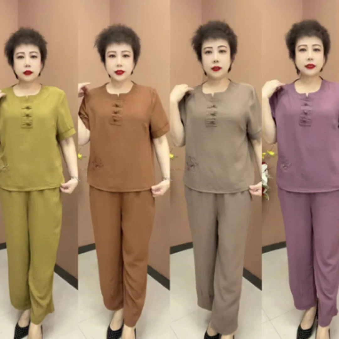 中老年女装牛油果绿色新中式套装薄款九分裤宽松型套装两件套