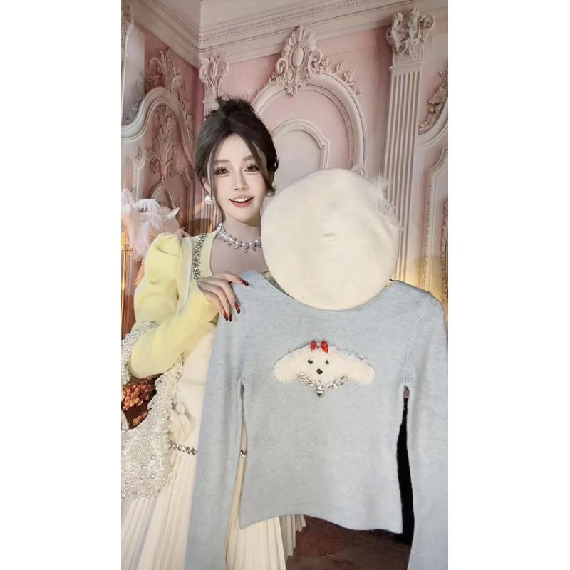 【崔】Z0150小狗修身型短款打底衫百搭早秋长袖卡通显瘦圆领打底