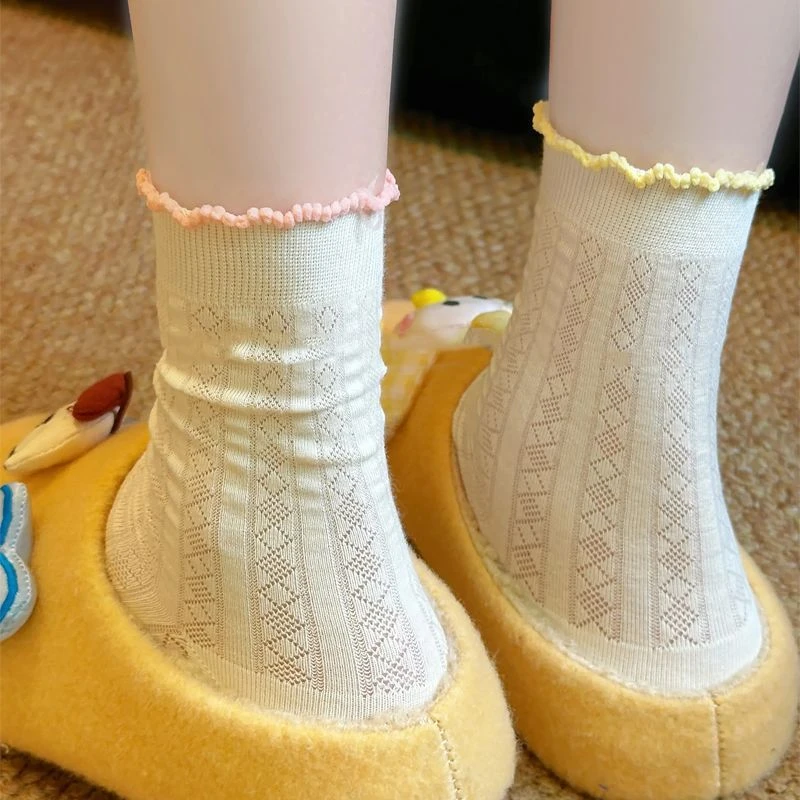 袜子女夏季薄款吸汗透气网眼中筒袜防臭可爱花边学生百搭jk长袜yw