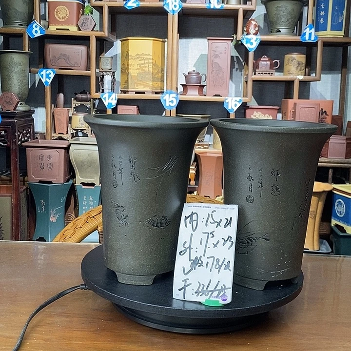 紫砂花盆天青泥两只微瑕挥泪价