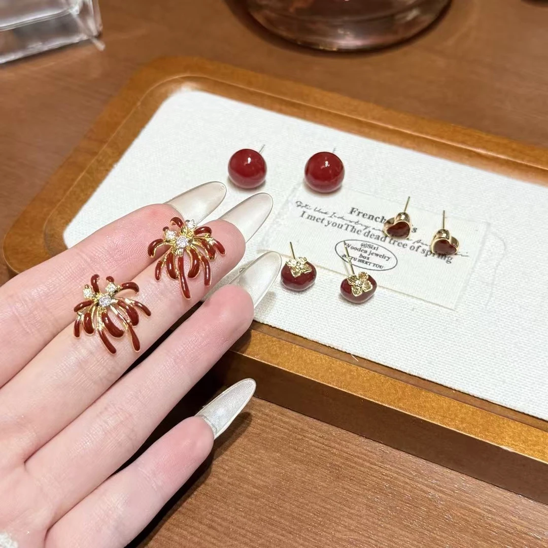 铜合金锆石耳饰 高级感红色耳钉酒红复古港风洋气女气质珍珠耳环