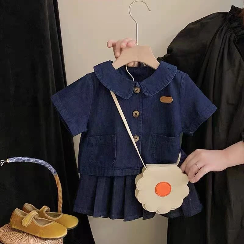 女童学院风牛仔百褶裙套装女宝宝25夏季时尚娃娃领短袖上衣半身裙