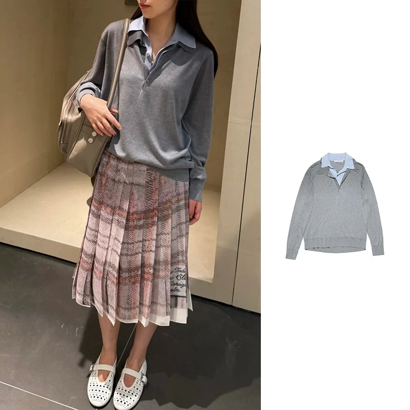 未使用 Acne studio 灰色假两件领POLO衫 A60591-BOM