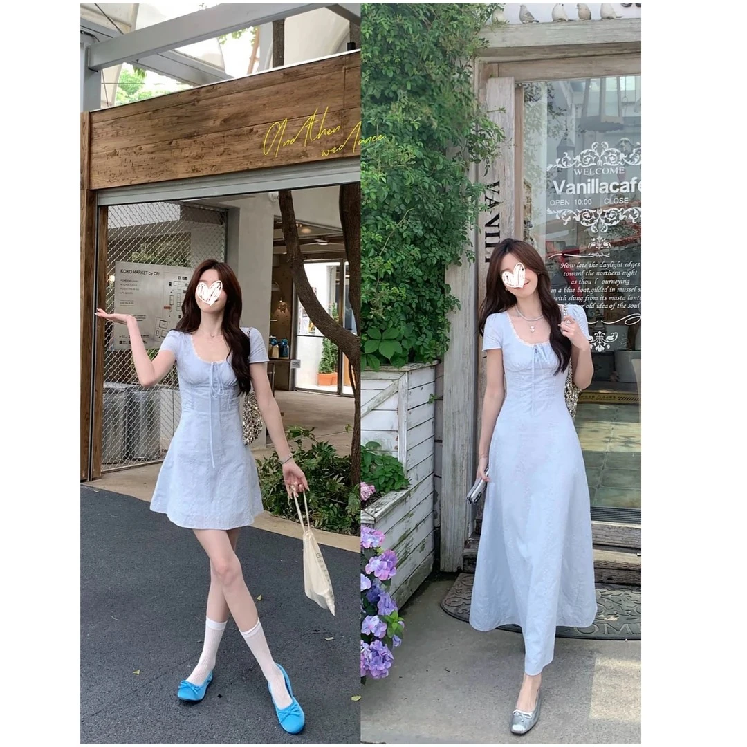 韩系高智感法式蕾丝拼接裙子2025夏季女装假两件气质收腰连衣裙潮