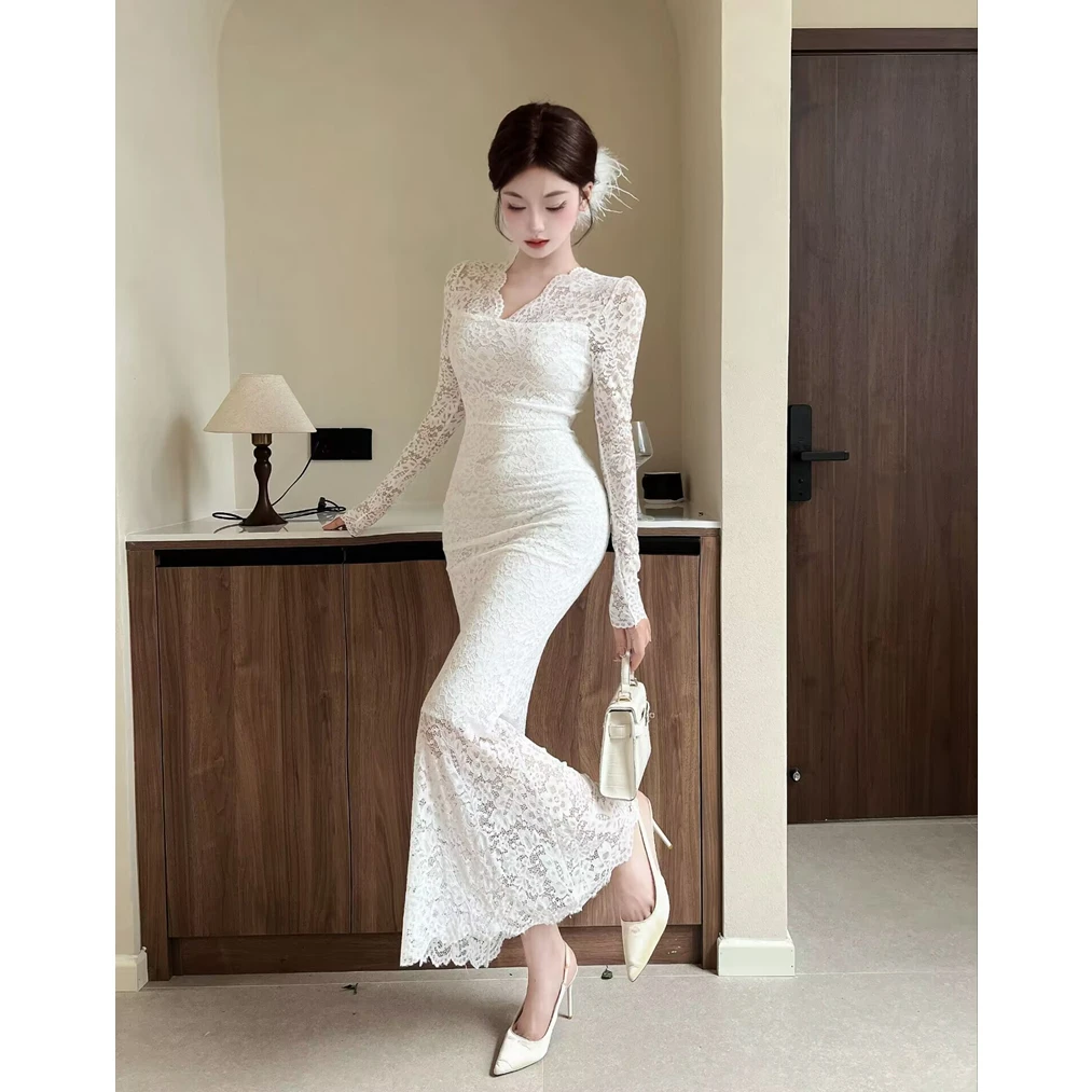 实拍法式性感白色蕾丝连衣裙女高级感打底内搭气质包臀鱼尾长裙