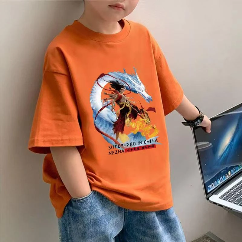 哪吒儿童衣服中大童夏季新款男孩男童纯棉短袖哪吒T恤卡通上衣潮