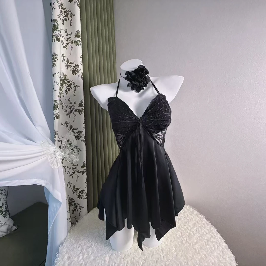 【破冰利器】INFP小蝴蝶风向星座刺绣性感露背睡裙睡衣蕾丝冰丝吊带