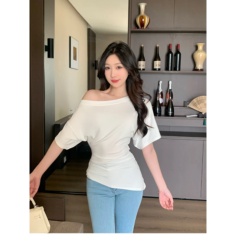 斜领一字肩气质纯欲短袖T恤女夏季修身显瘦不规则小众ins上衣潮
