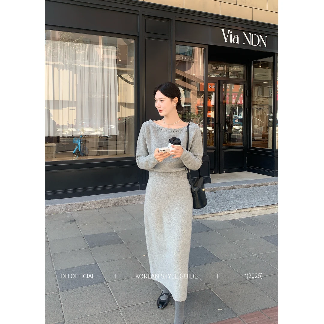 DH 大花【柔雾美人】“绵羊毛”冬日保暖韩系钩花波浪边毛衣半裙套装