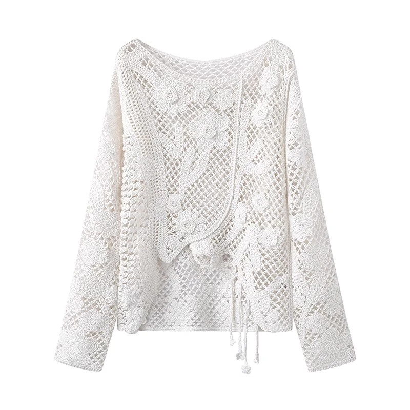 艾家同款2025春季新款白色镂空刺绣长袖套头针织衫女50228149A