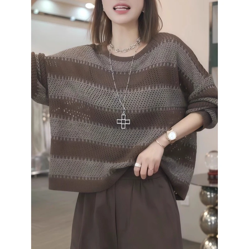 早秋慵懒风条纹长袖针织衫女2025爆款高级感镂空小衫洋气宽松上衣