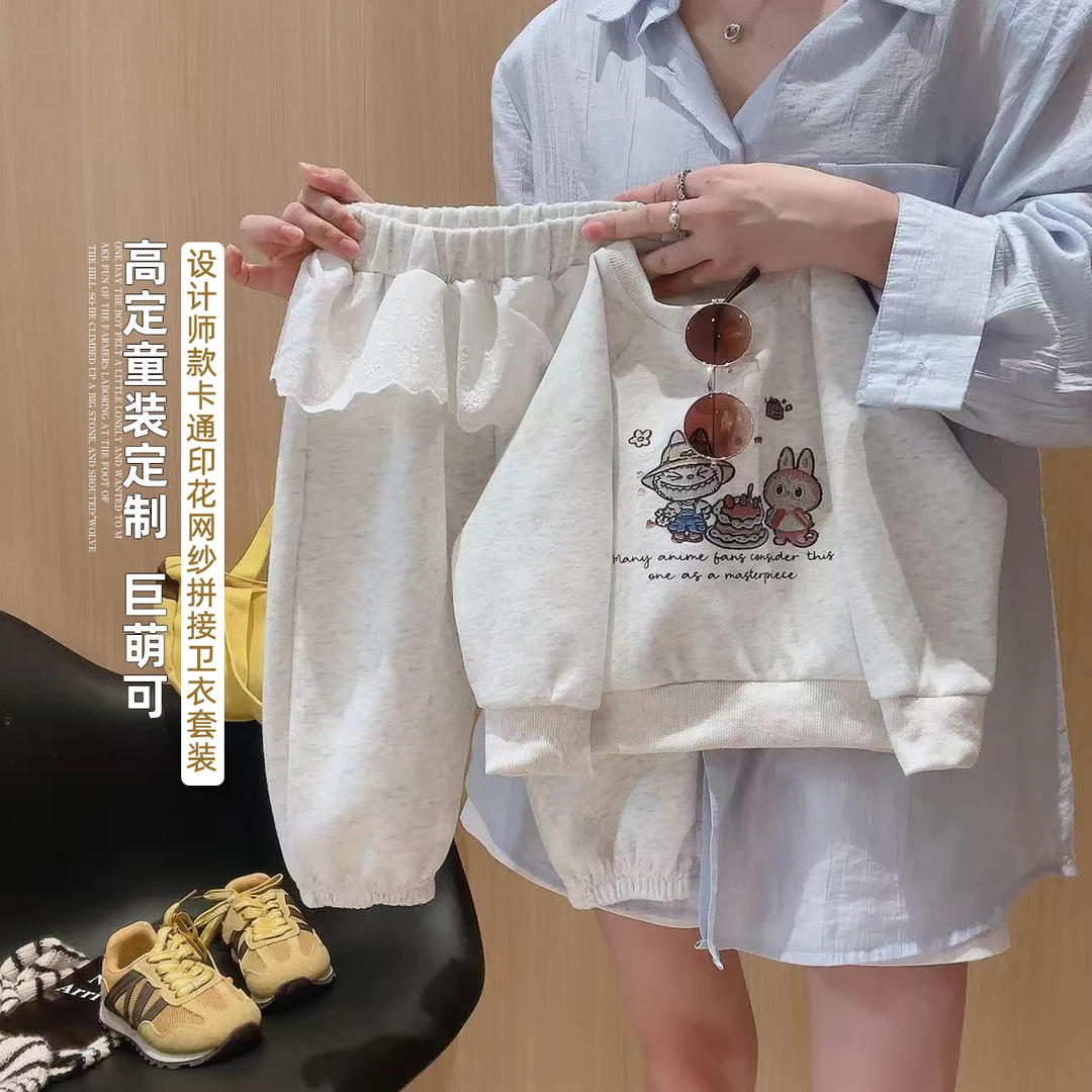 2025新款秋季女童卫衣斜插肩套装仿刺绣发泡儿童洋气时髦两件套