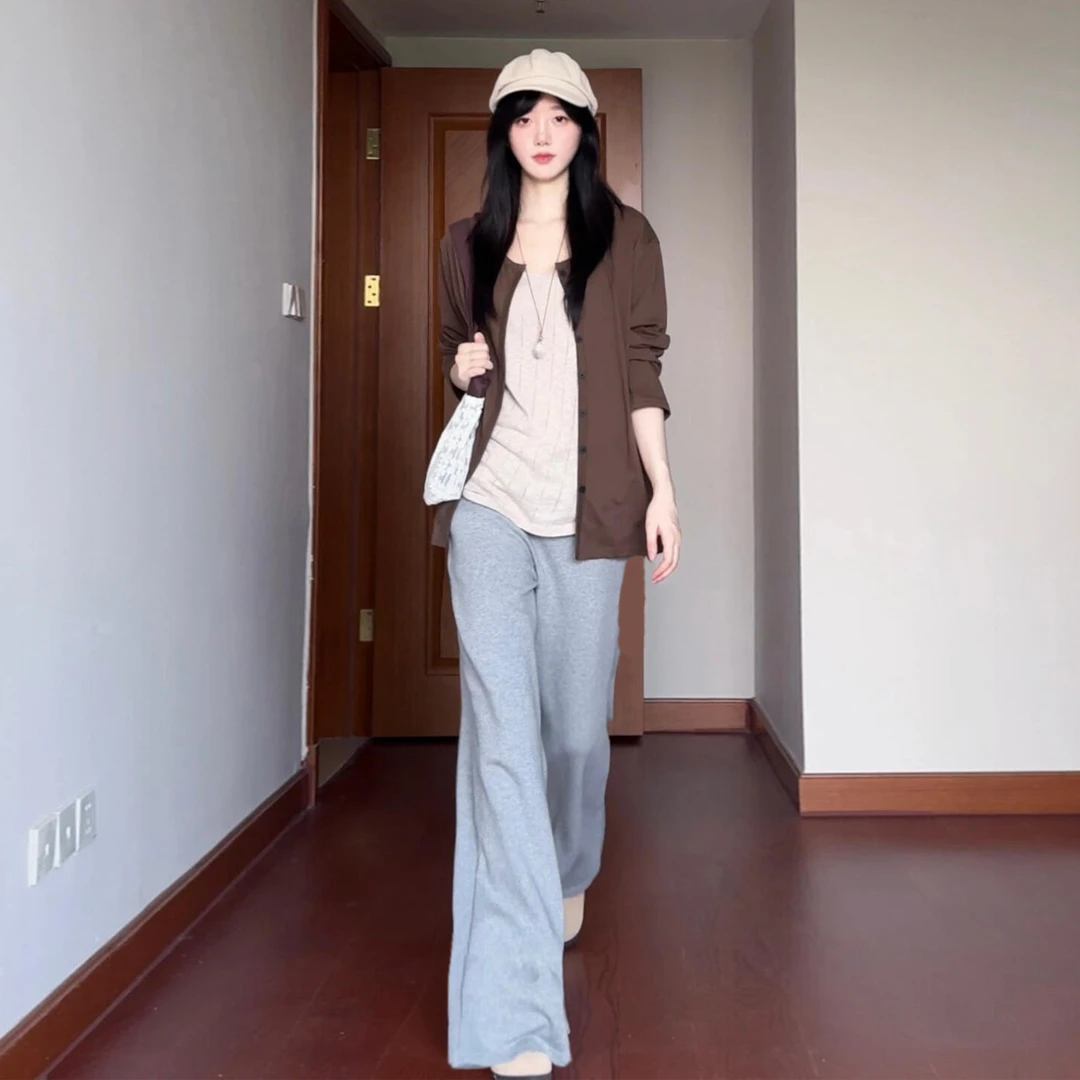 韩系咖色针织开衫外套女春秋季2025早秋新款薄款慵懒宽松长袖上衣