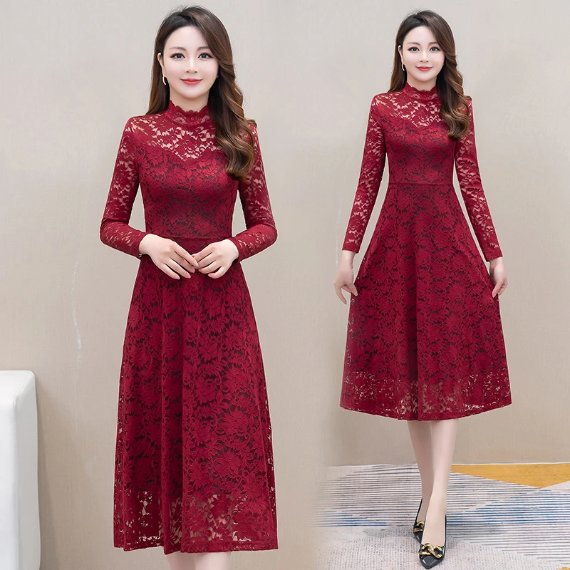 蕾丝长袖连衣裙2025新款收腰显瘦气质简约通勤纯色拼接中长款裙子