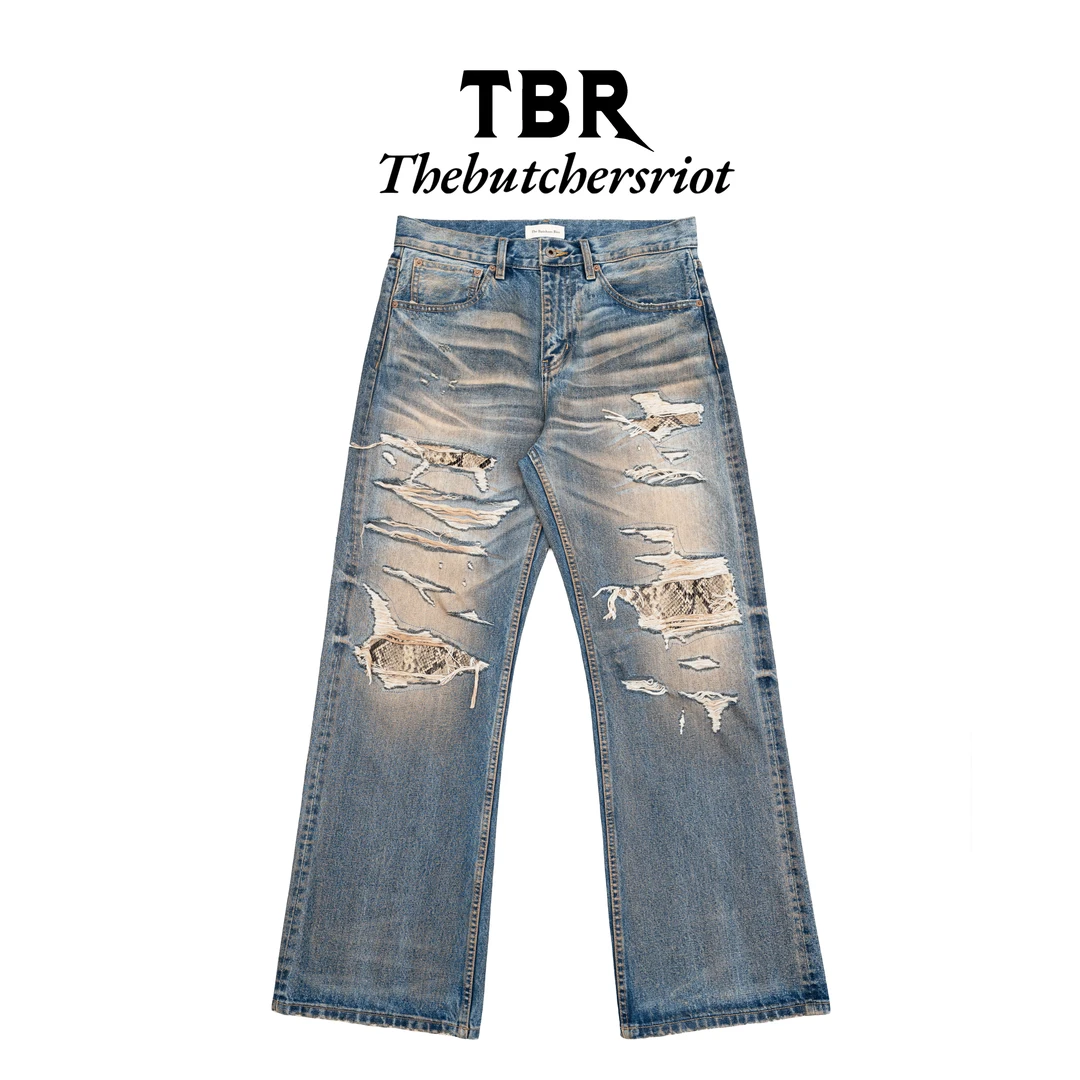 TBR 蛇年限定牛王 赤耳雪花底色 内华达水洗破坏宽松直筒牛仔裤