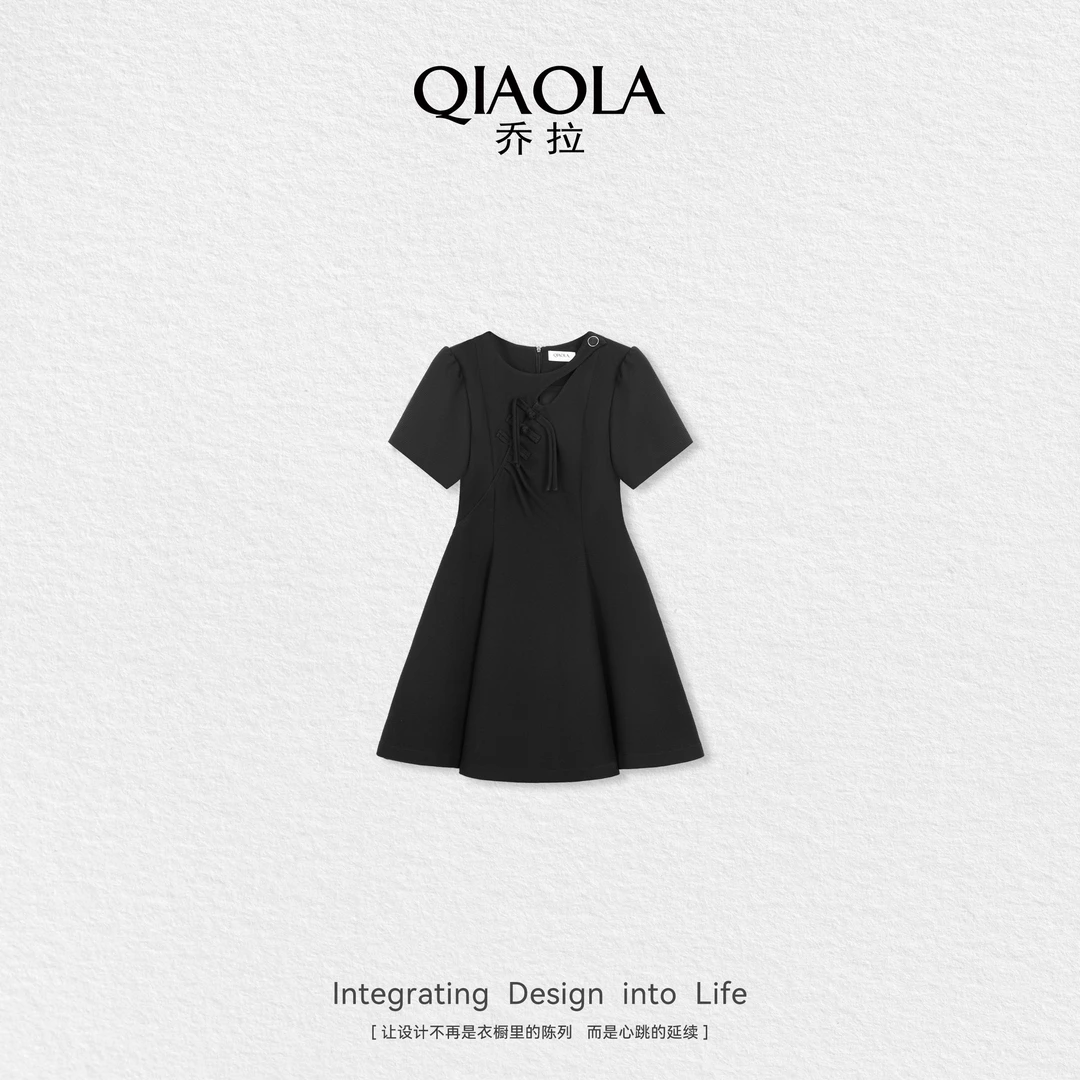 QIAOLA/乔拉【夜色芳华】秋季新款圆领泡泡袖简约连衣裙预售