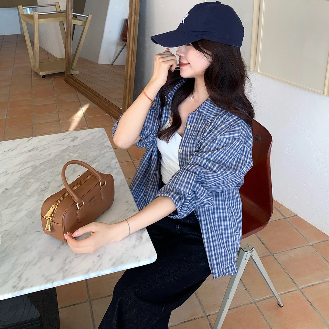 熙家自制小个子格子衬衫2025新款全棉复古蓝格子衬衣女休闲叠穿春