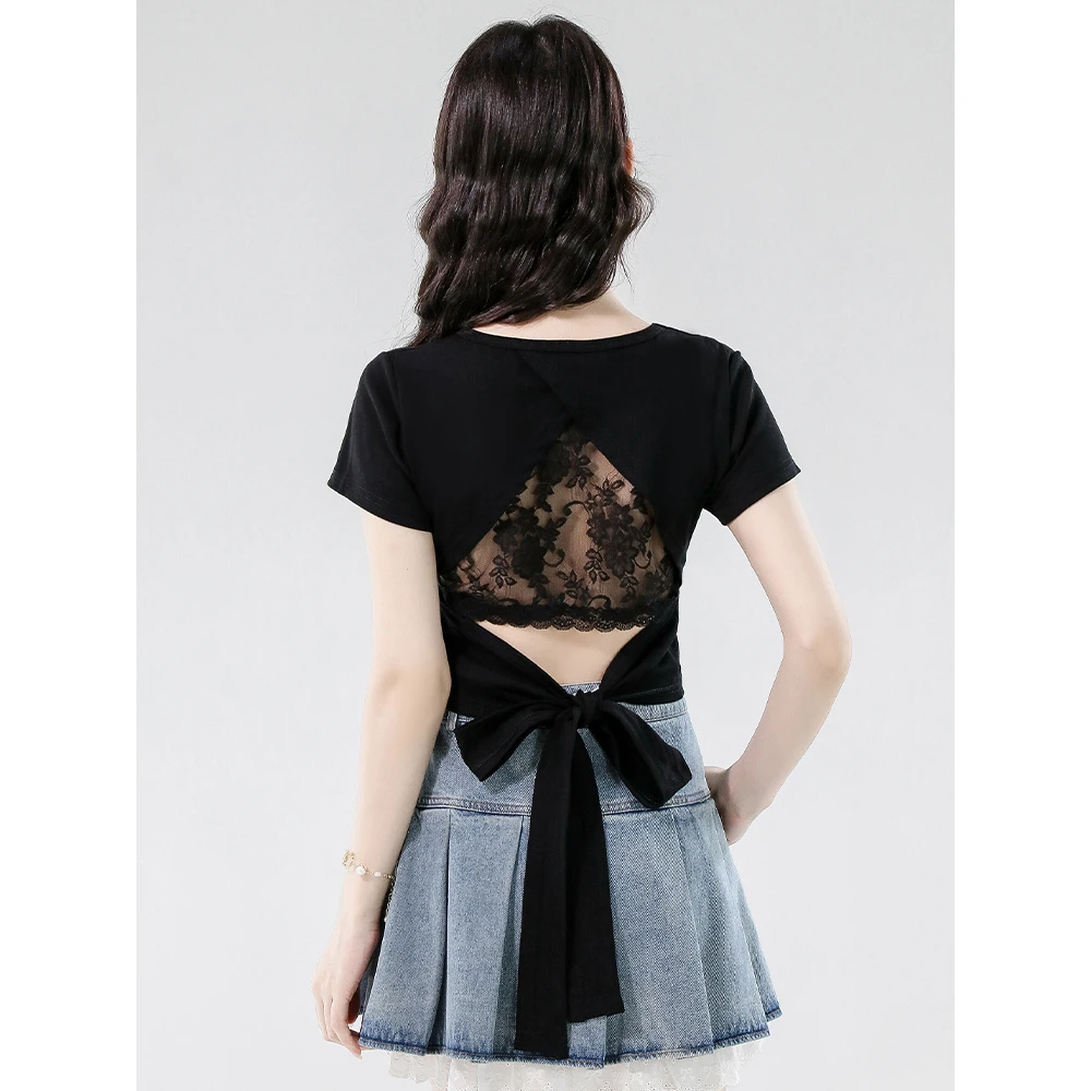 夏季别致辣妹蕾丝拼接蝴蝶结露背短款上衣设计感修身短袖t恤女装
