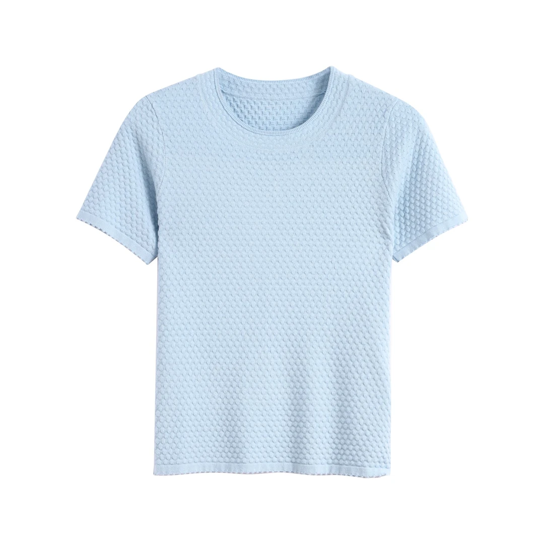 30689【鄂R订单】蓝色圆领几何肌理针织T恤女25夏新品短袖0216