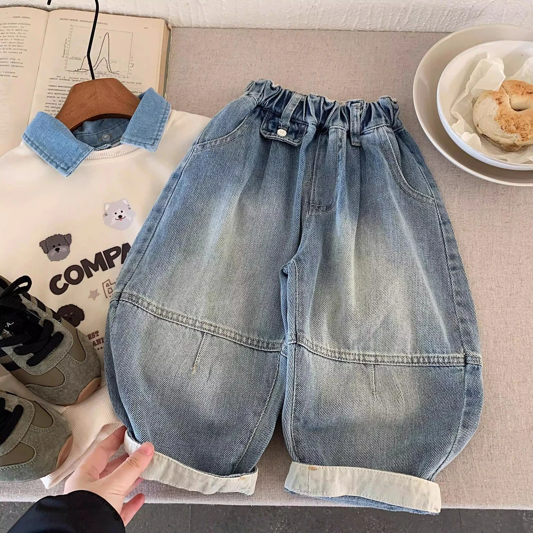 儿童牛仔裤韩版宽松男女童休闲阔腿工装裤子2025新款春秋宝宝裤子