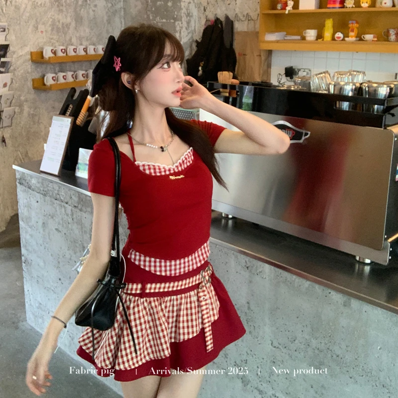 叛逆软糖 织物猪原创 y2k黑灰烫钻牛仔短裤女夏蝴蝶结假两件上衣