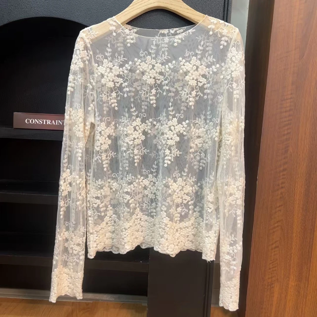 【三十梦】氛围感穿搭蕾丝网纱打底上衣百搭长袖上衣女