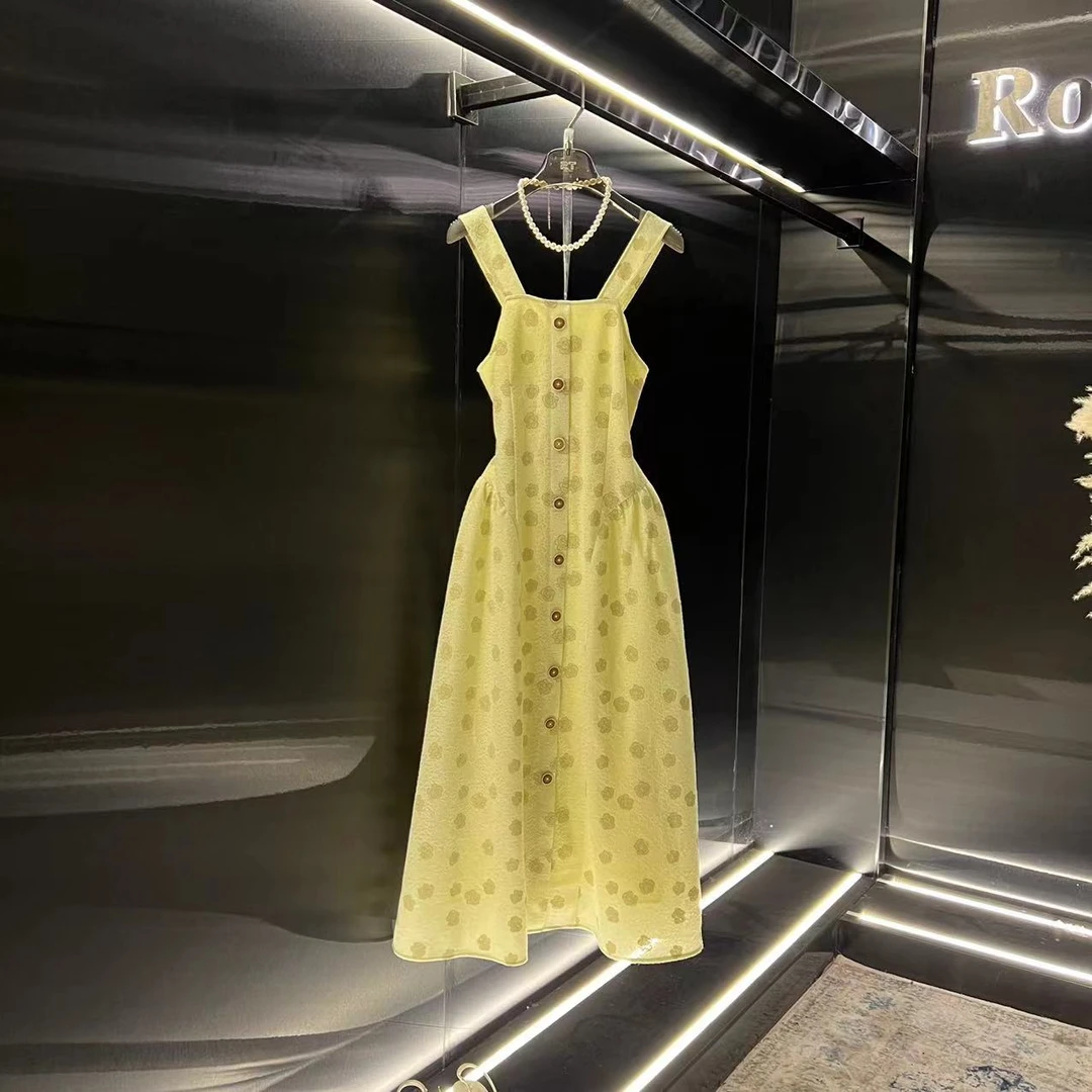 roiltrou2025春夏原创设计单排扣小清新气质减龄吊带连衣裙
