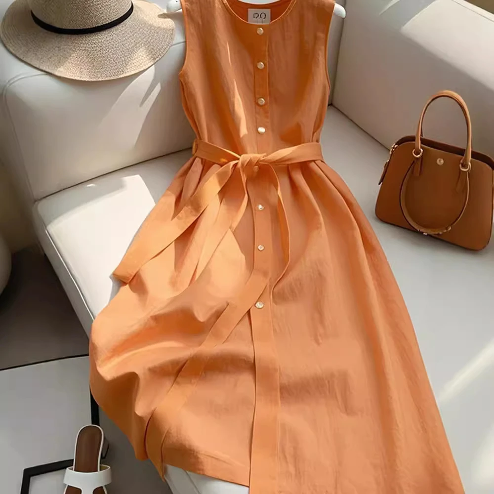 法式高端2025亚麻女夏季背心新款连衣裙无袖橘色显瘦气质时尚百搭