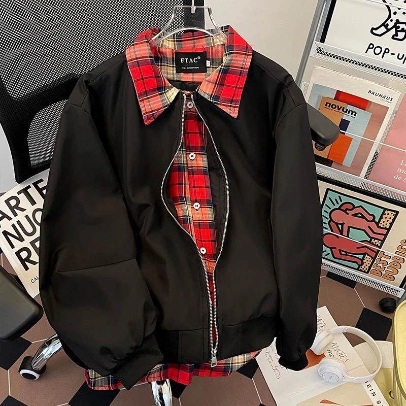 【TQUX港奢男装】夏季假两件格子外套男拼接美式覆古休闲潮牌痞帅