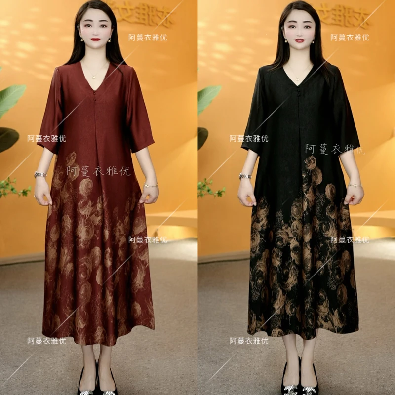 【衣雅严选】8070-1740新款重磅桑丝琉璃缎混纺定位烫金花连衣裙