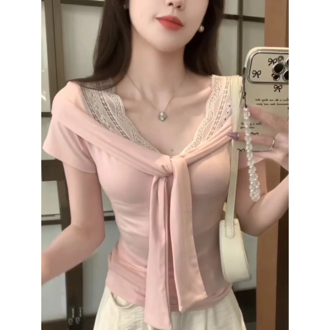 法式简约蕾丝拼接假两件绑带v领短袖t恤女夏季少女感减龄时尚上衣