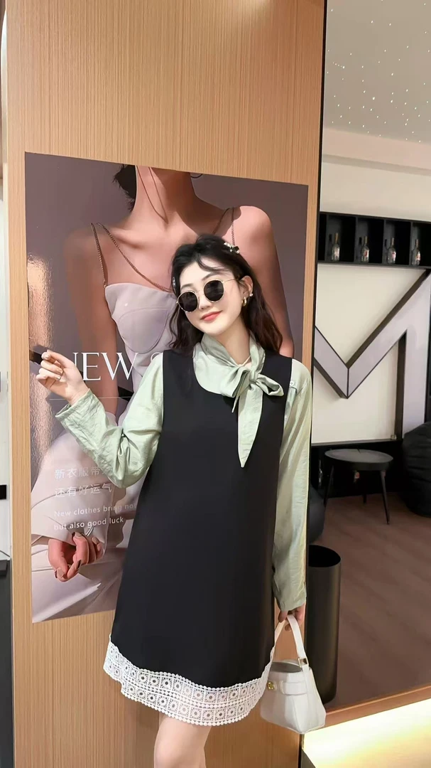 春夏2025新款黑色背心小香风宽松背心裙飘带长袖衬衫俩件套显瘦
