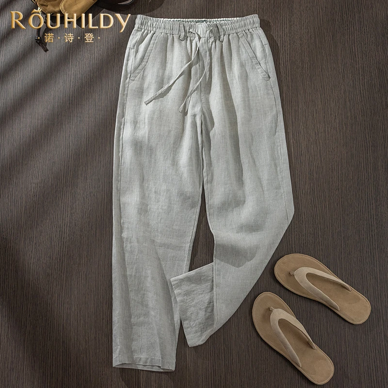 Rouhildy休闲裤男夏季薄款宽松亚麻阔腿长裤子高端男士直筒裤