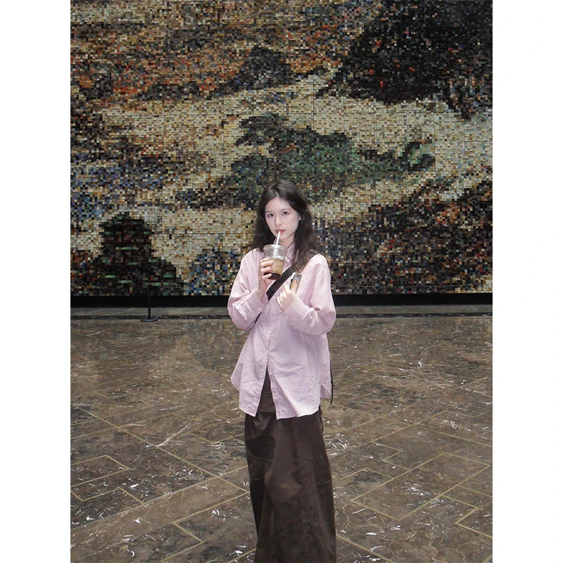 法式长袖衬衫学院风粉色上衣高级感衬衣宽松休闲垂感半身裙长裙女