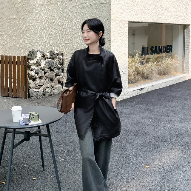 黑色高级感覆古皮风衣外套女秋季2025新款收腰系带炸街爆火PU大衣