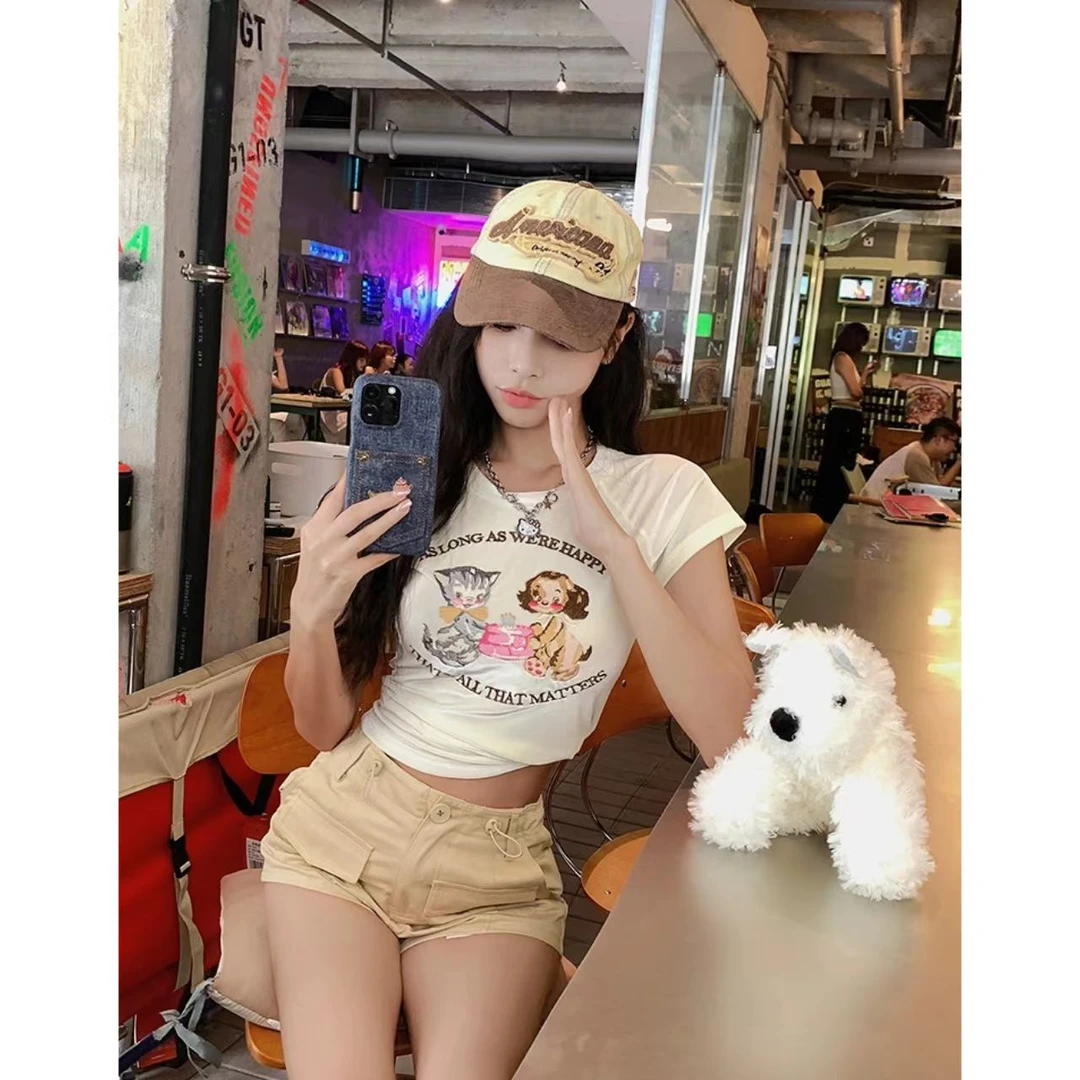 曼曼【趣味修狗T~】印花甜酷辣妹修身短袖T恤