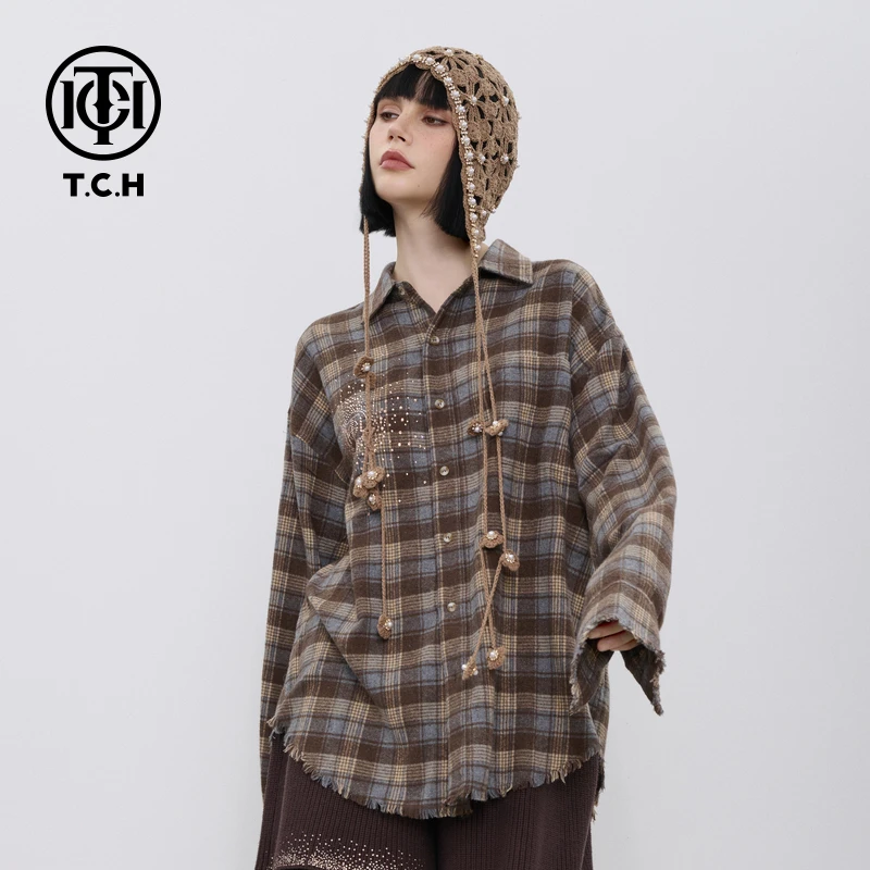TCH私服烫钻工艺新款高级时尚百搭格子衬衫女T72C13E5002轻奢tch
