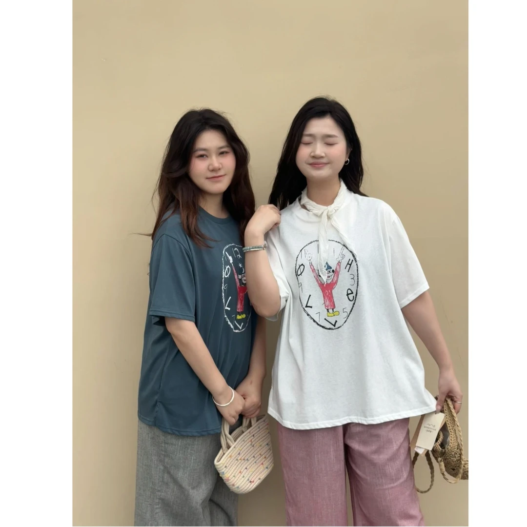 【时钟卡通T恤2】夏季新款时尚百搭休闲大码宽松显瘦可爱卡通H6761