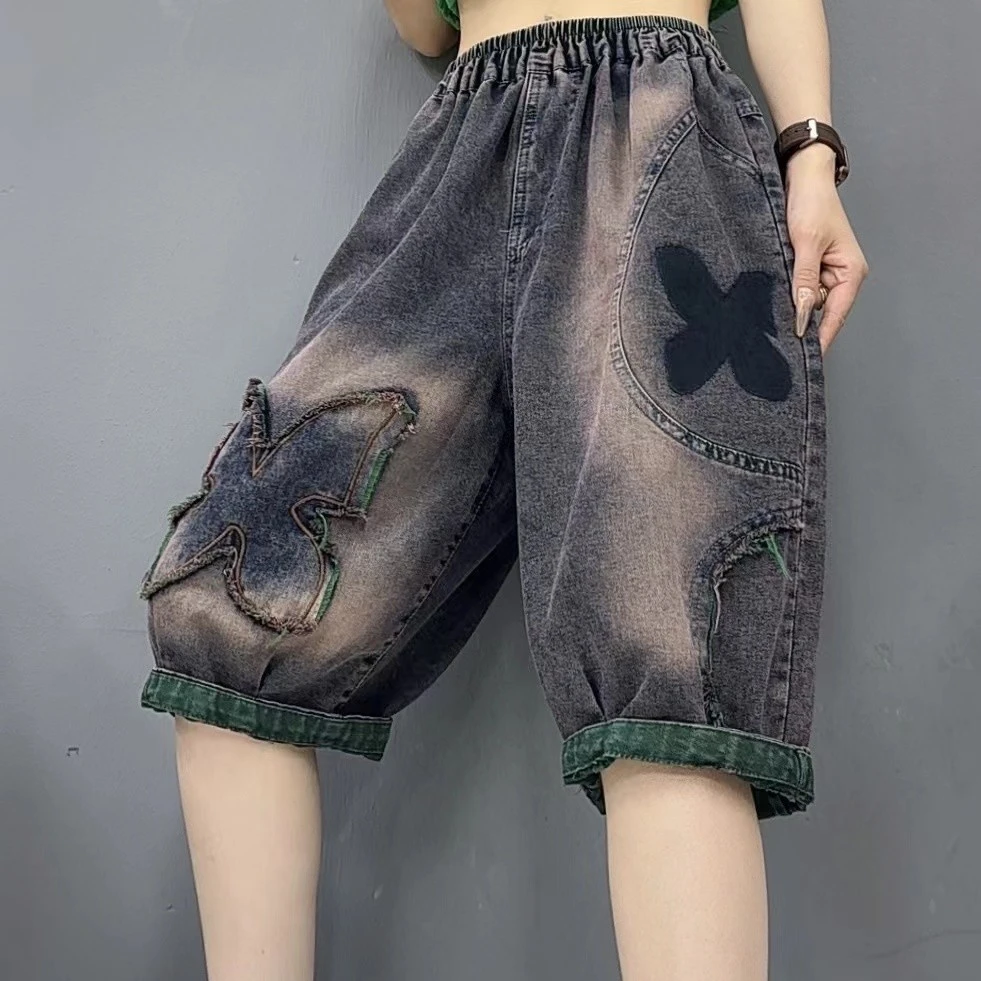 夏季女装宽松舒适小蝴蝶显瘦六分水洗牛仔裤休闲百搭哈伦裤女