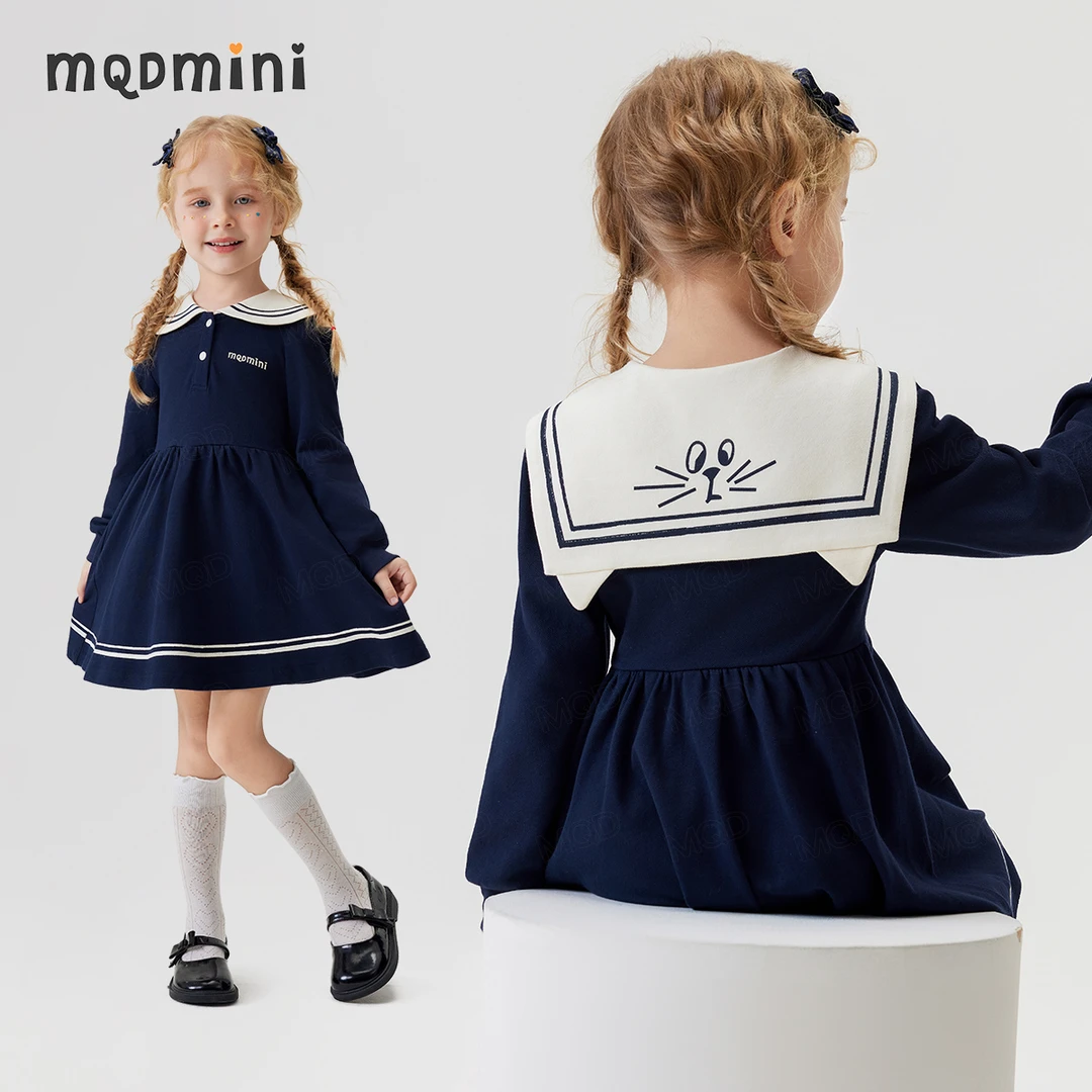 MQDMINI【海军领】女童针织连衣裙秋季儿童学院风长袖裙宝宝童装