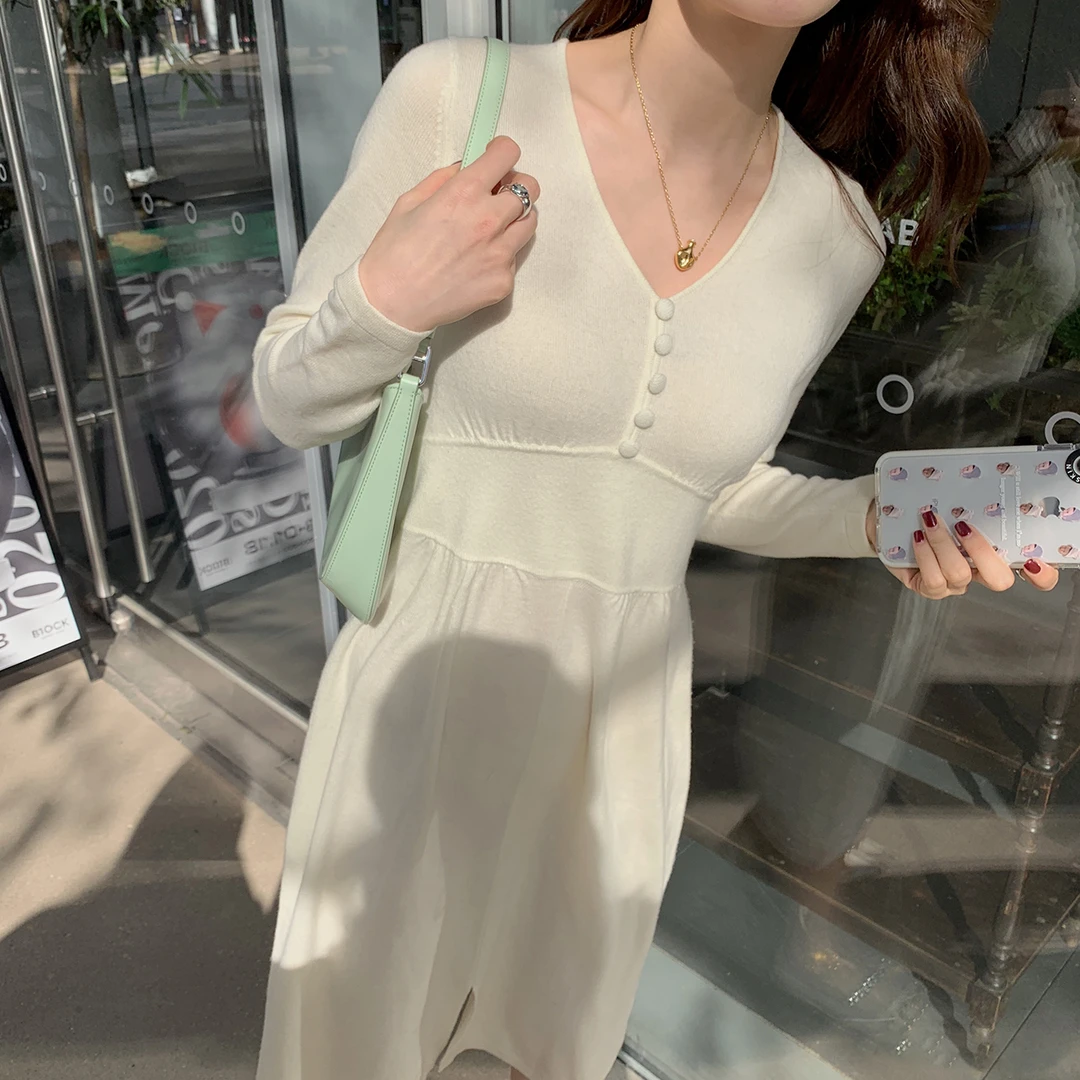 ASM ANNA◆ 茶屋浅草裙~ 气质v领100羊毛收腰连衣裙A7114